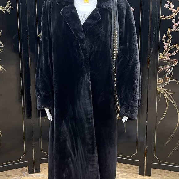 Vintage AJ Gervais Windsor Black Plush Fluffy Full Length Genuine Rabbit Coat - Picture 3 of 12
